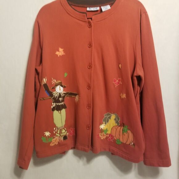 Blair L Sweatshirt Cardigan Orange Cotton Fall Scarecrow Autumn Vintage Retro - Picture 1 of 10